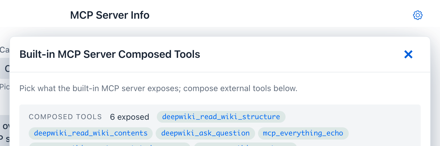 COMPOSED TOOLS summary showing six tools combined from two servers - three deepwiki_* and three mcp_everything_* aliases