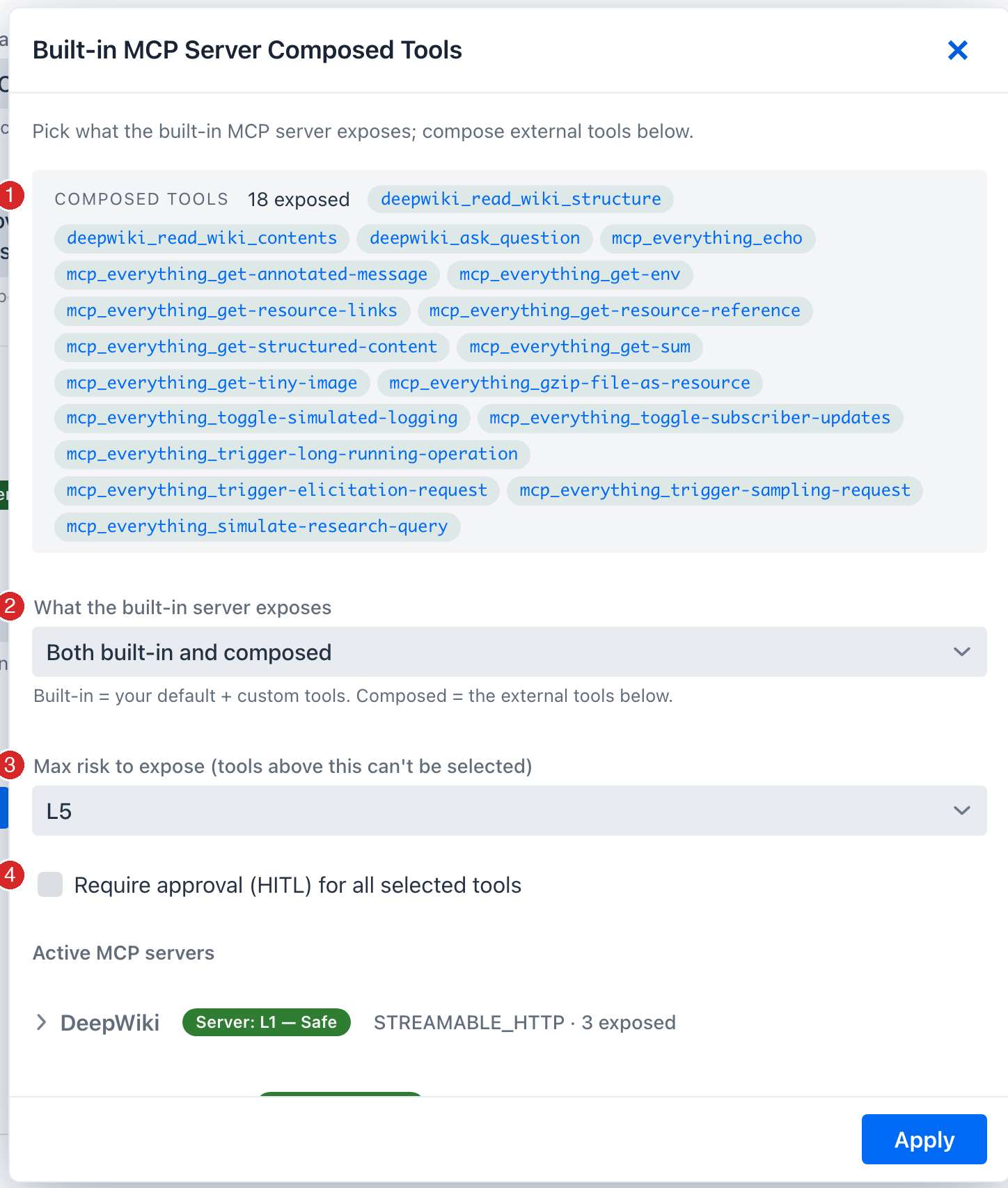 Composed Tools drawer controls, numbered: 1 the COMPOSED TOOLS summary chips, 2 the 'What the built-in server exposes' selector, 3 the Max risk to expose cap, 4 the Require approval HITL-for-all toggle