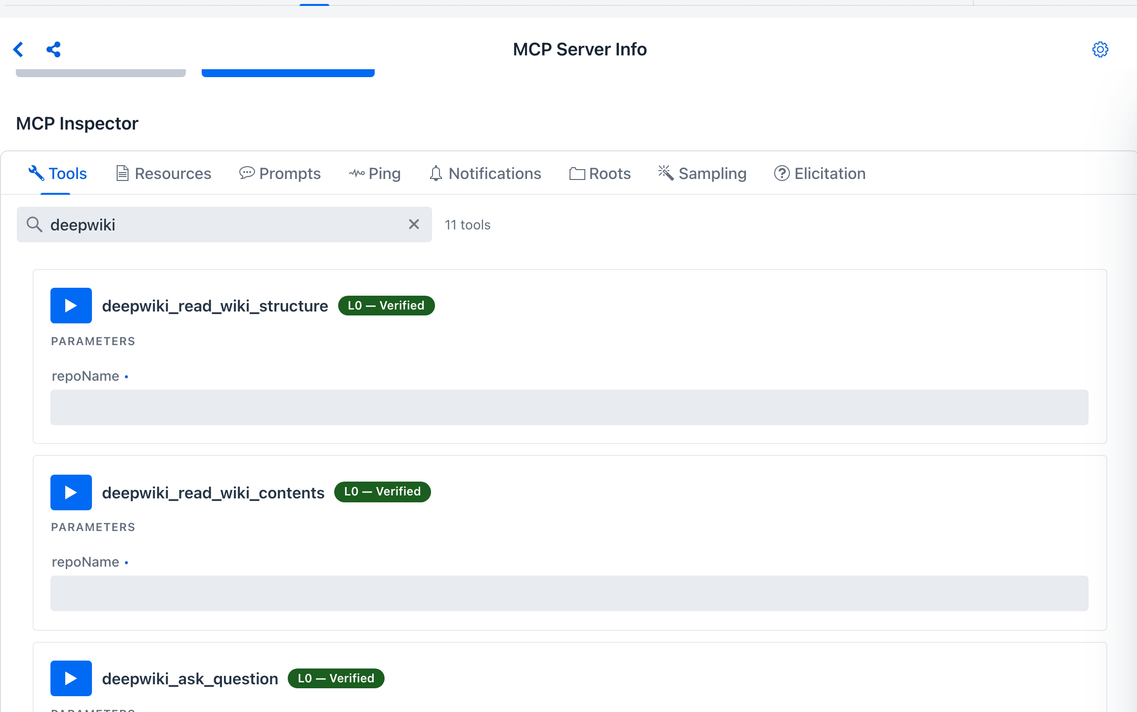 Built-in server Inspector filtered to 'deepwiki' - the three proxied deepwiki_* tools now served by the built-in server at L0 - Verified