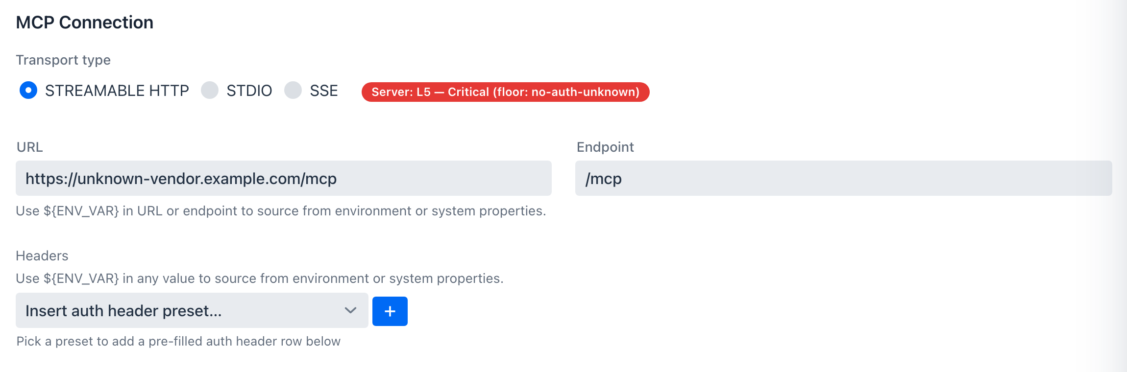 Risk preview chip reading Server: L5 - Critical with floor no-auth-unknown