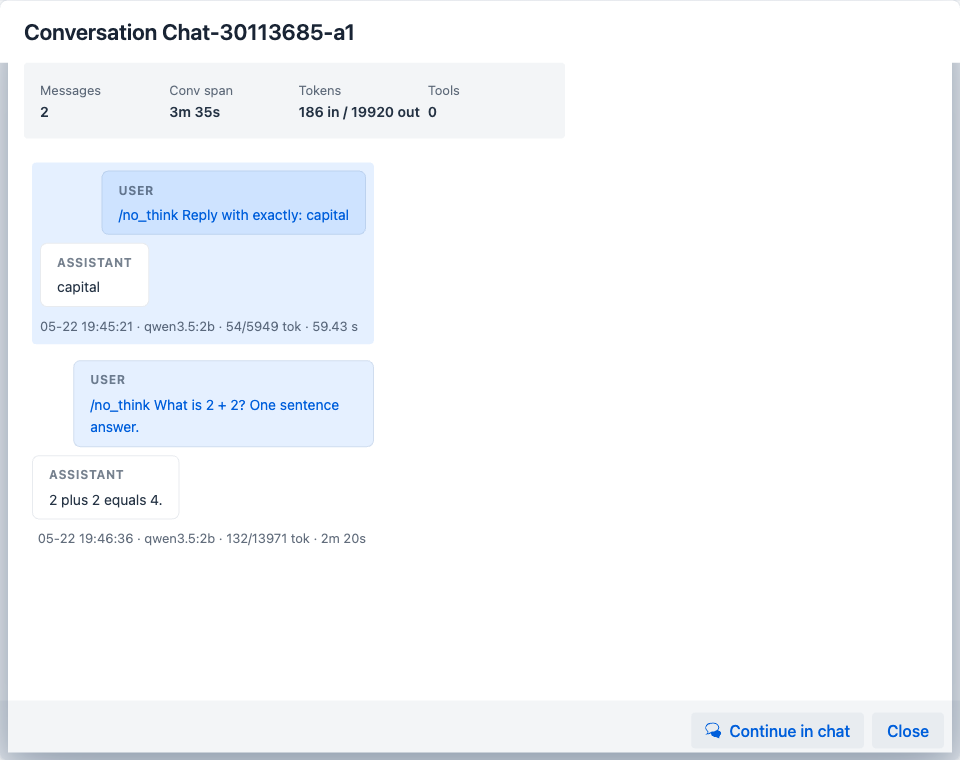 Conversation Thread dialog - header "Conversation Chat-...", summary strip (Messages, Conv span, Tokens in/out, Tools), chronological message thread alternating USER / ASSISTANT with per-message footer (date · model · token count · duration), and Continue in chat / Close buttons