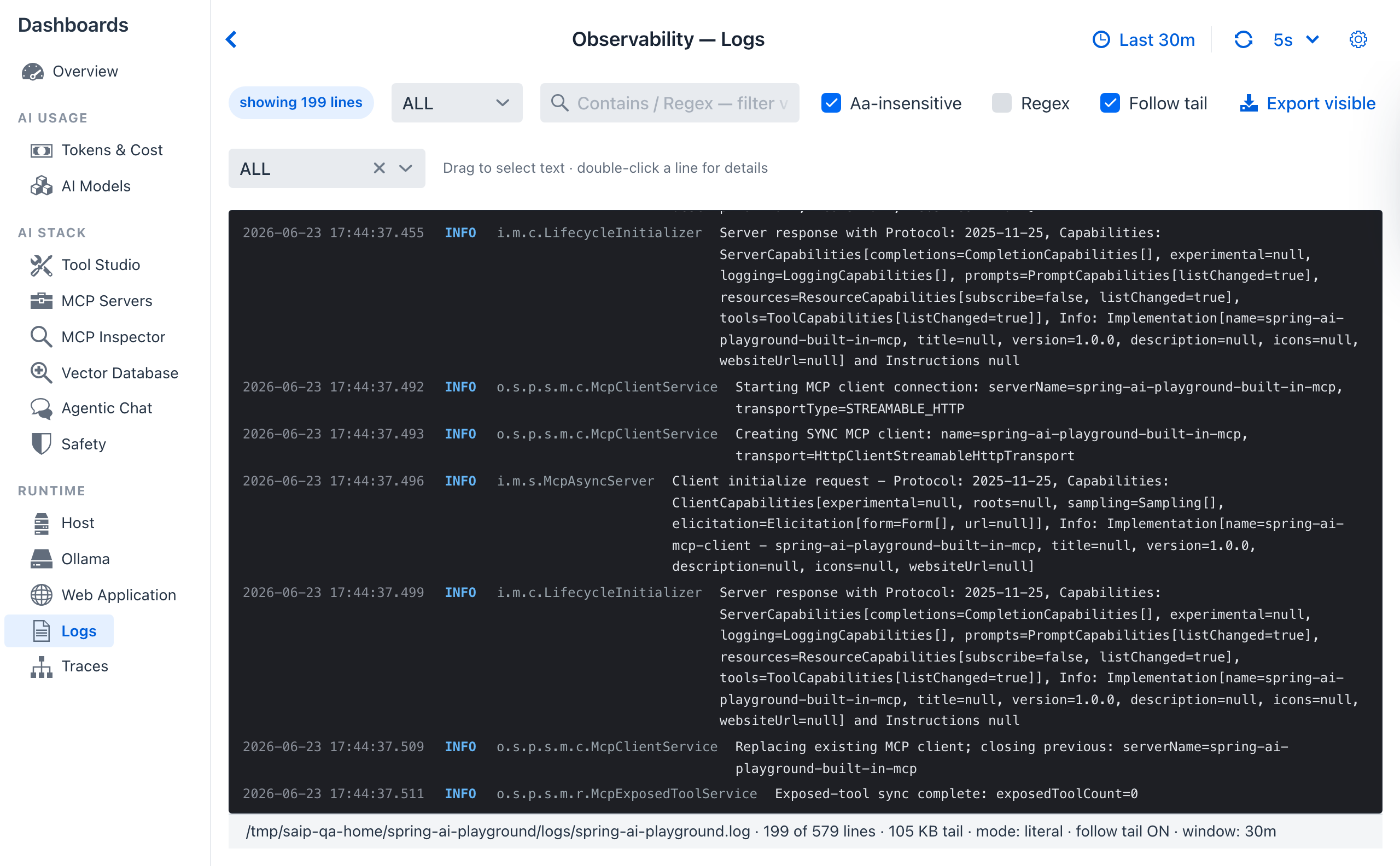 Logs dashboard - log viewer with filters in header (Level dropdown, Contains / Regex text field, Aa-insensitive checkbox, Regex checkbox, Follow tail checkbox, Export visible button), and a virtualised log tail showing monospace lines with timestamps, levels, logger names, MDC keys and message text
