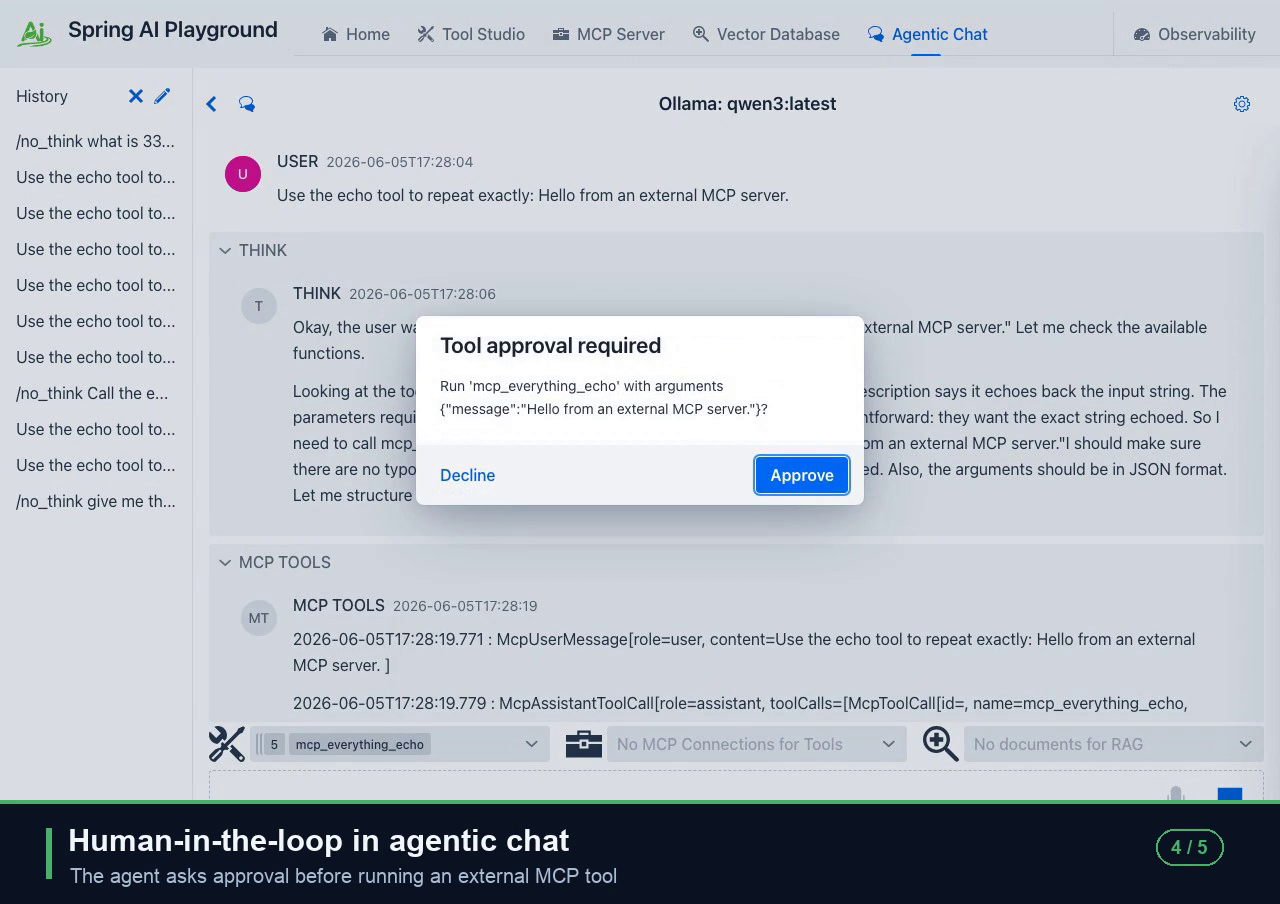 Spring AI Playground demo — agentic chat with human-in-the-loop approval of an external MCP tool, plus observability