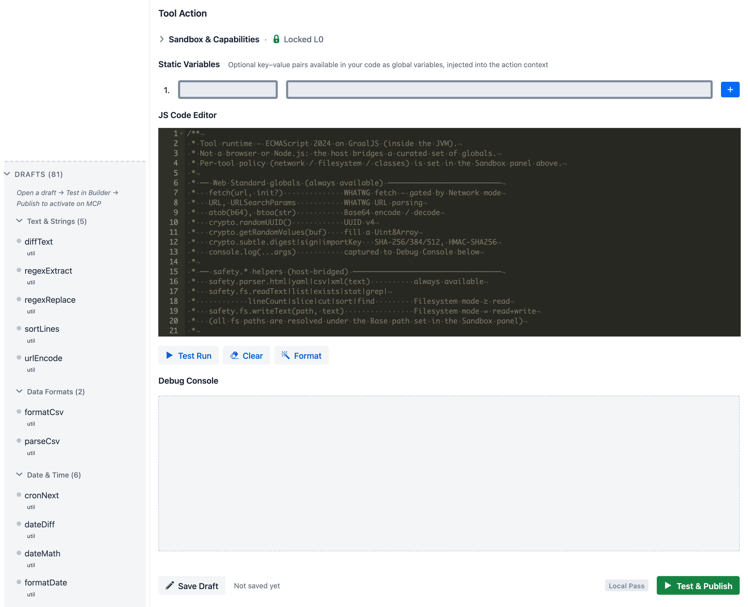 Tool Action - Sandbox collapsed, JS Code Editor with helper-rich sample