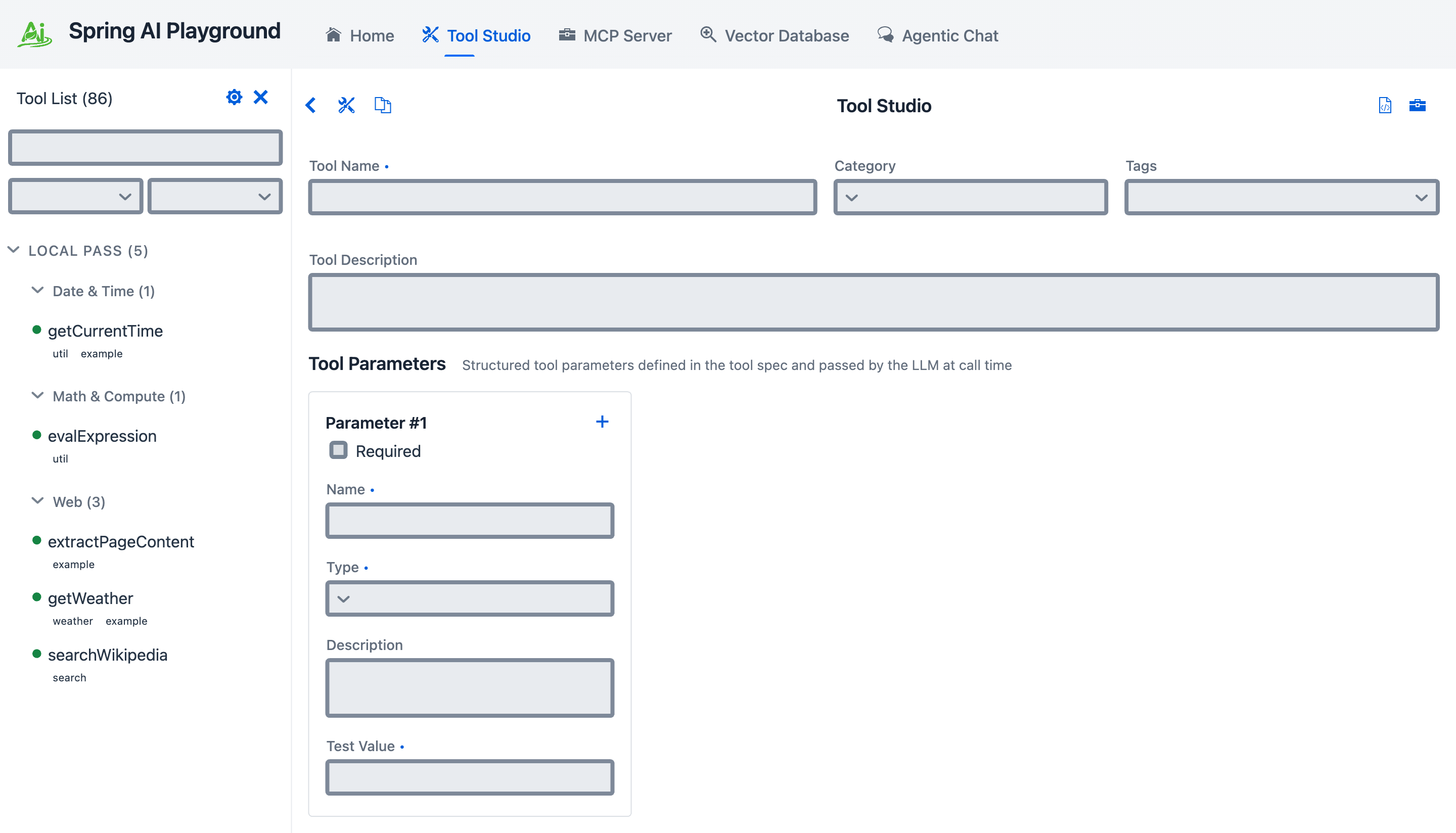 Tool spec form - tool name, description, structured parameters