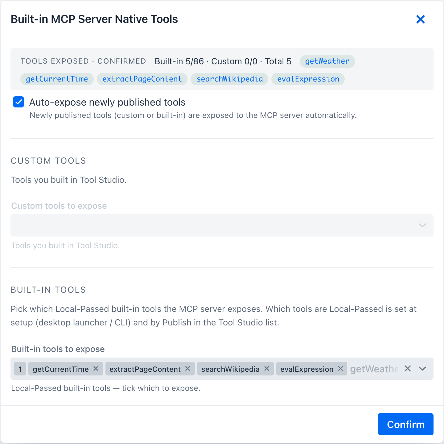 Built-in MCP Server Native Tools drawer - Local-Passed exposure selection