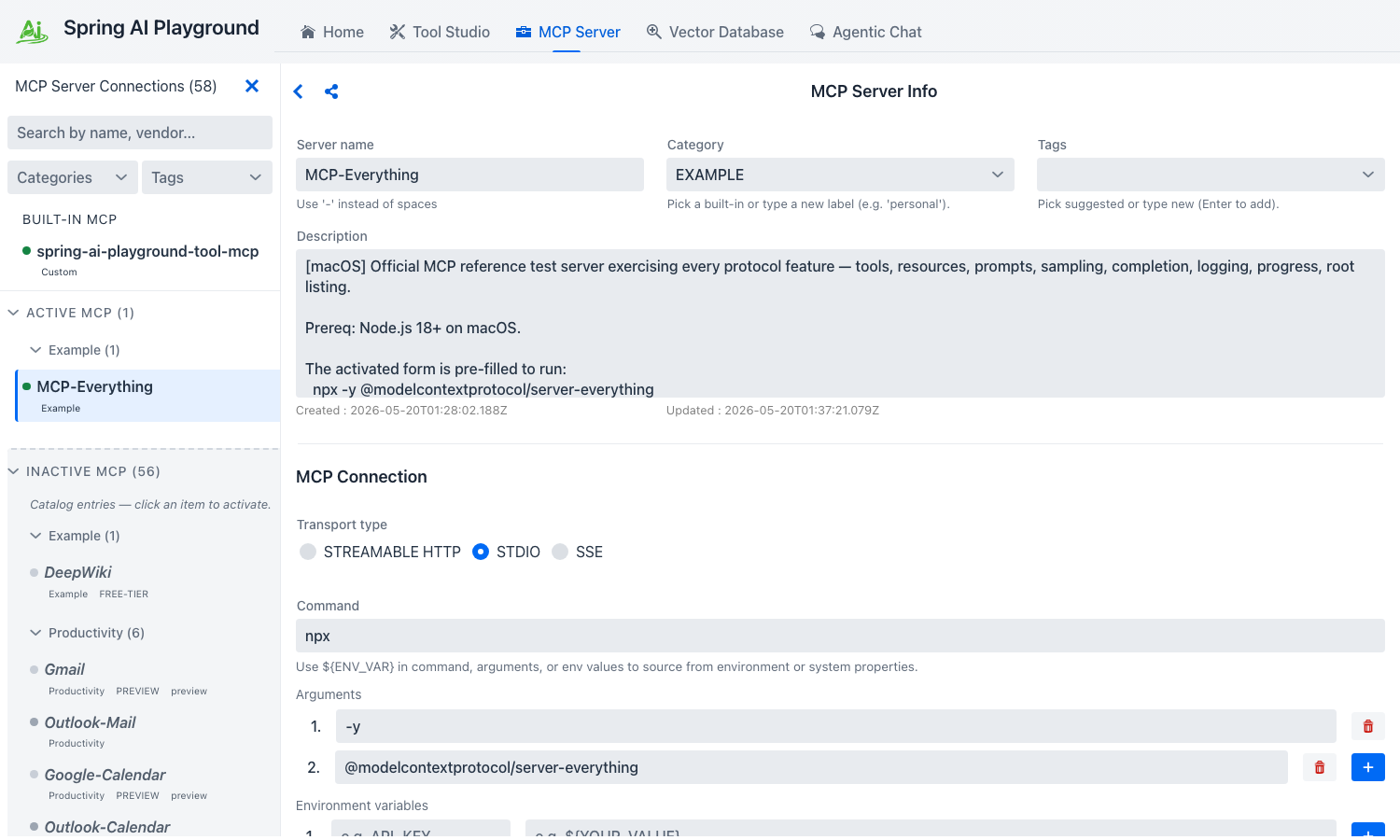 Catalog activation form for MCP Everything pre-filled with npx and the Example-category row in Active MCP