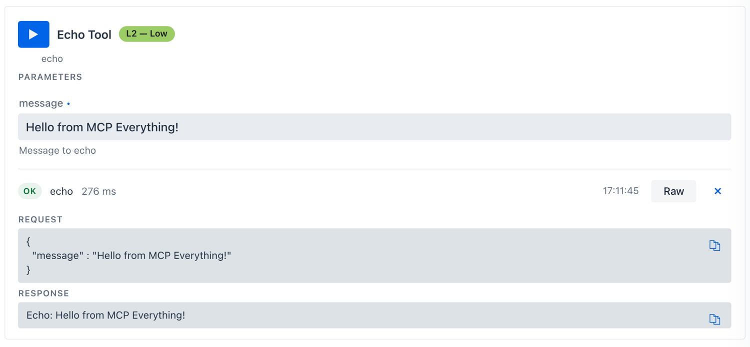 Echo Tool card with the message input filled and the inline result showing OK, elapsed ms, REQUEST, and RESPONSE blocks