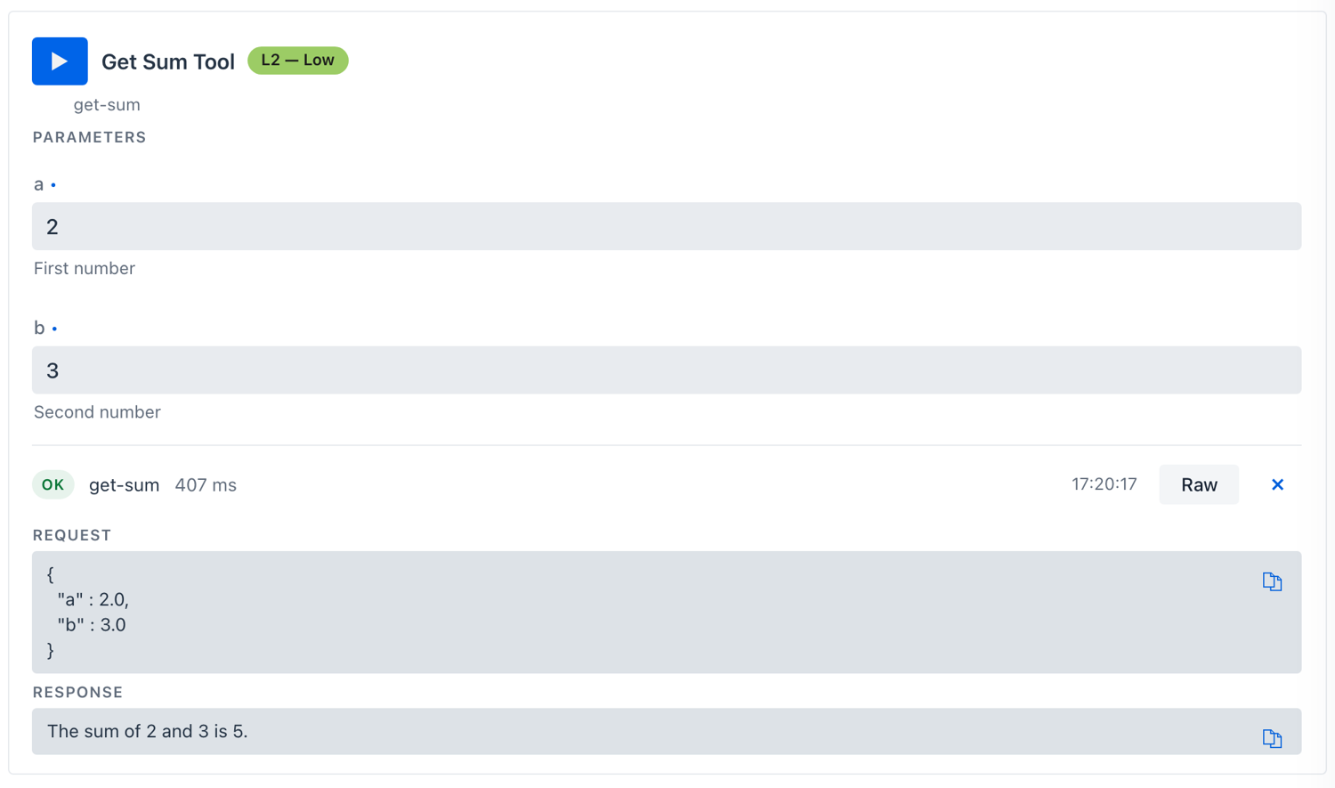 Get Sum Tool card with number inputs a=2 and b=3, OK result returning 5