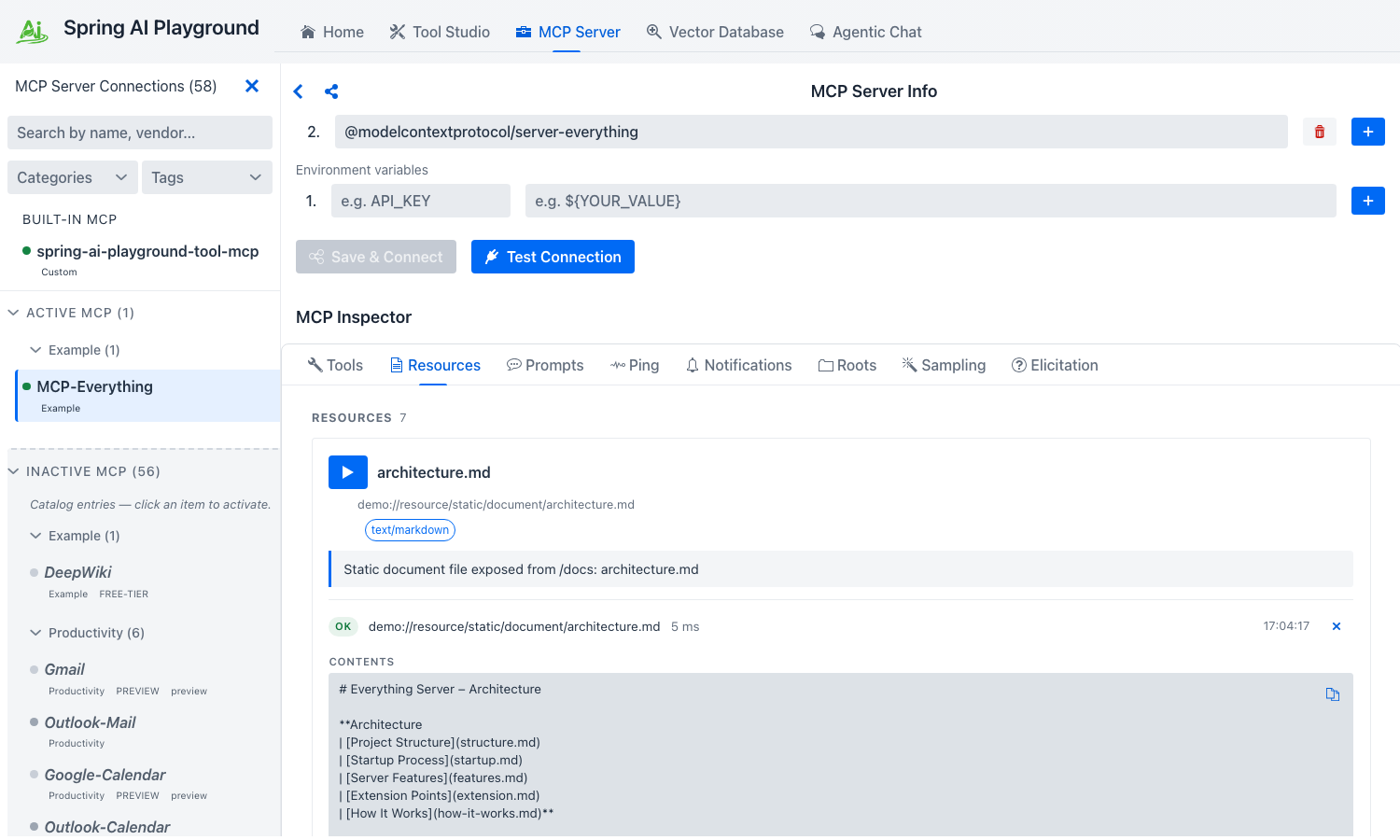 Resources tab with architecture.md card selected, the text/markdown chip, and the inline CONTENTS body
