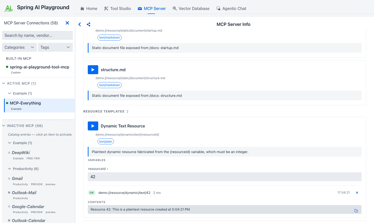 Resource template card with VARIABLES input resourceId=42 and the resolved CONTENTS "Resource 42: This is a plaintext resource created at ..."