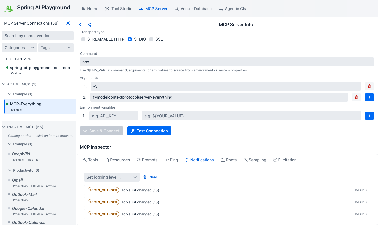 Notifications tab with TOOLS_CHANGED rows landing - topic chips, one-line summaries, and ISO timestamps