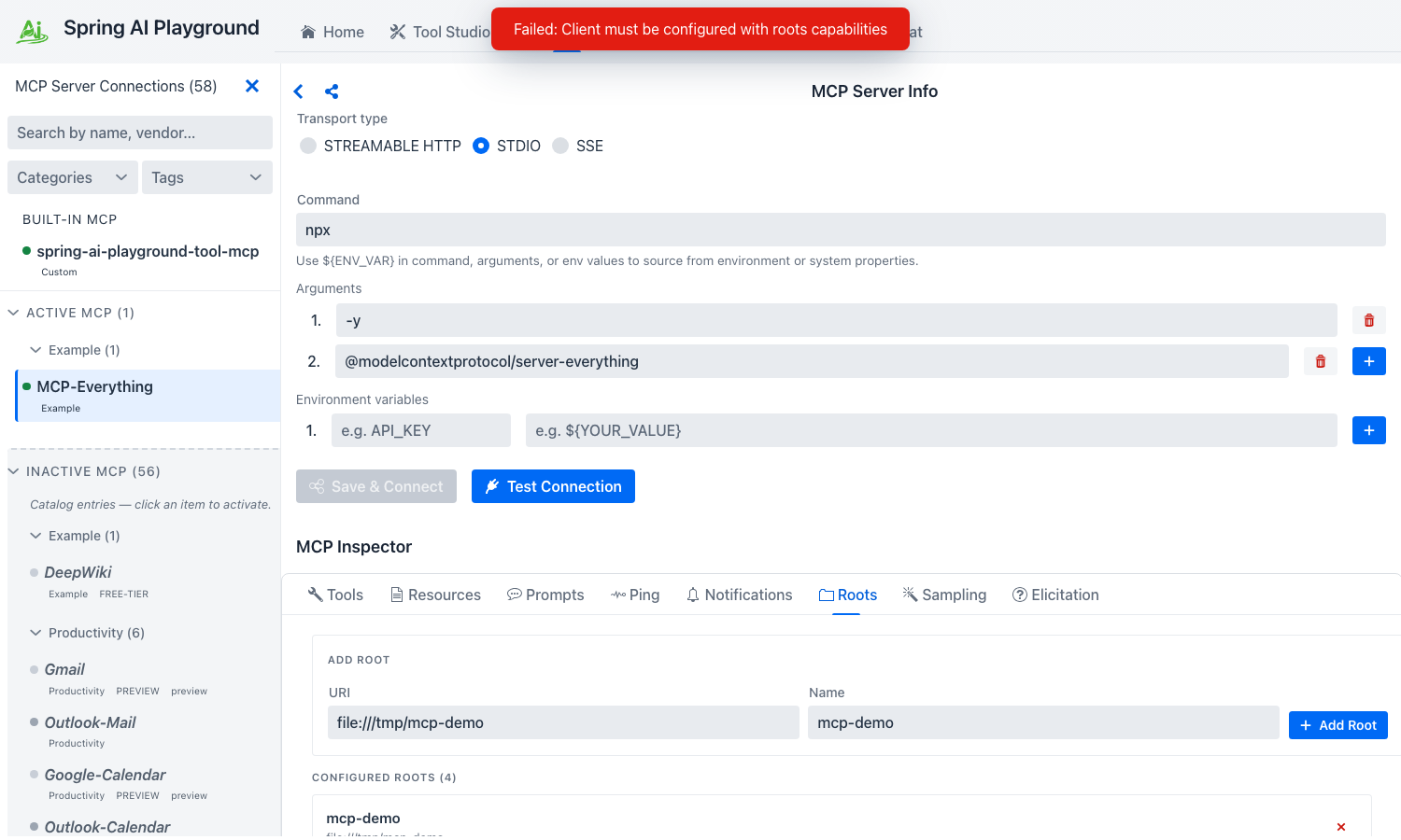 Roots tab with URI=file:///tmp/mcp-demo and Name=mcp-demo filled in the ADD ROOT form