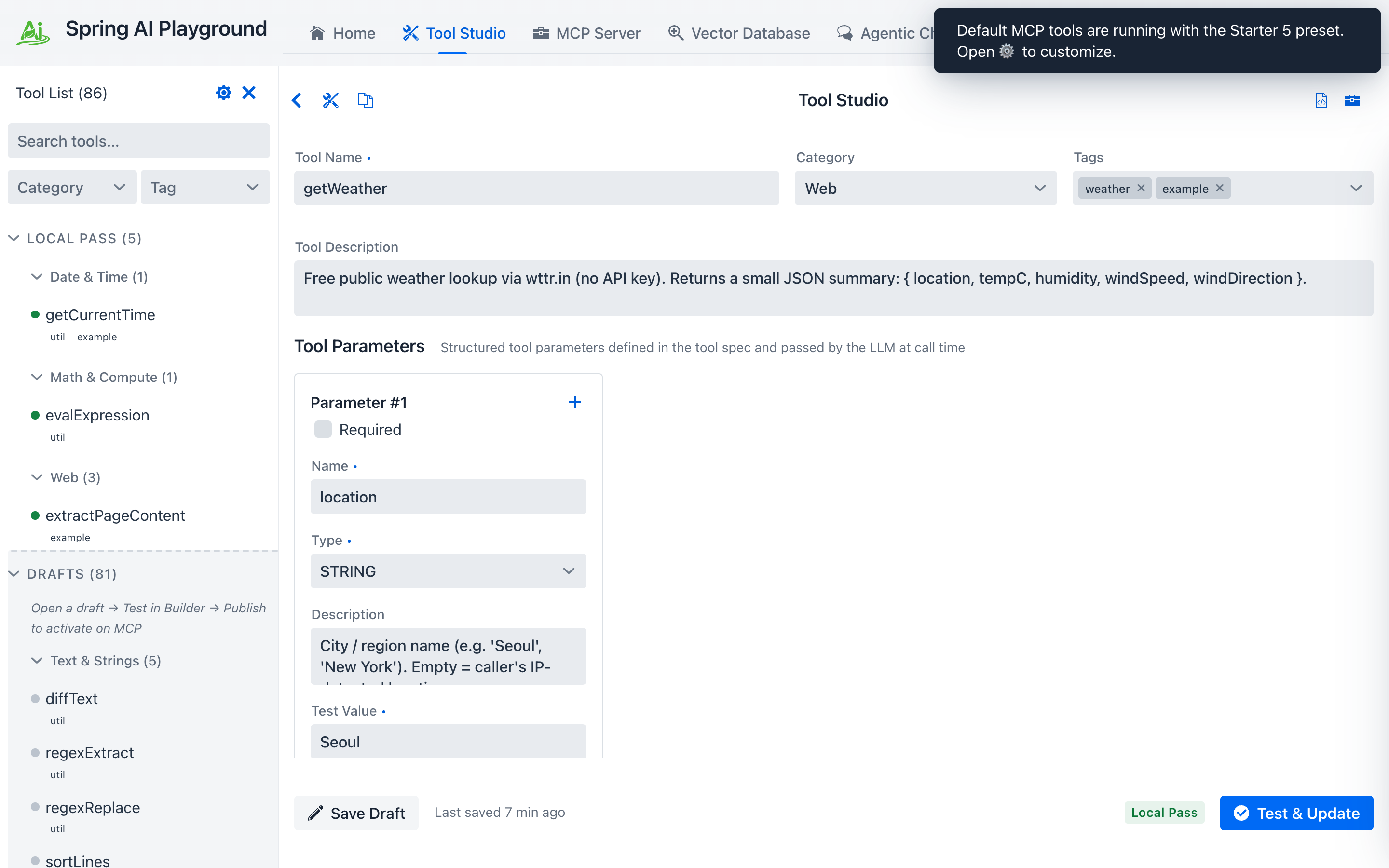 Tool Studio with `getWeather` selected, showing required Test Value