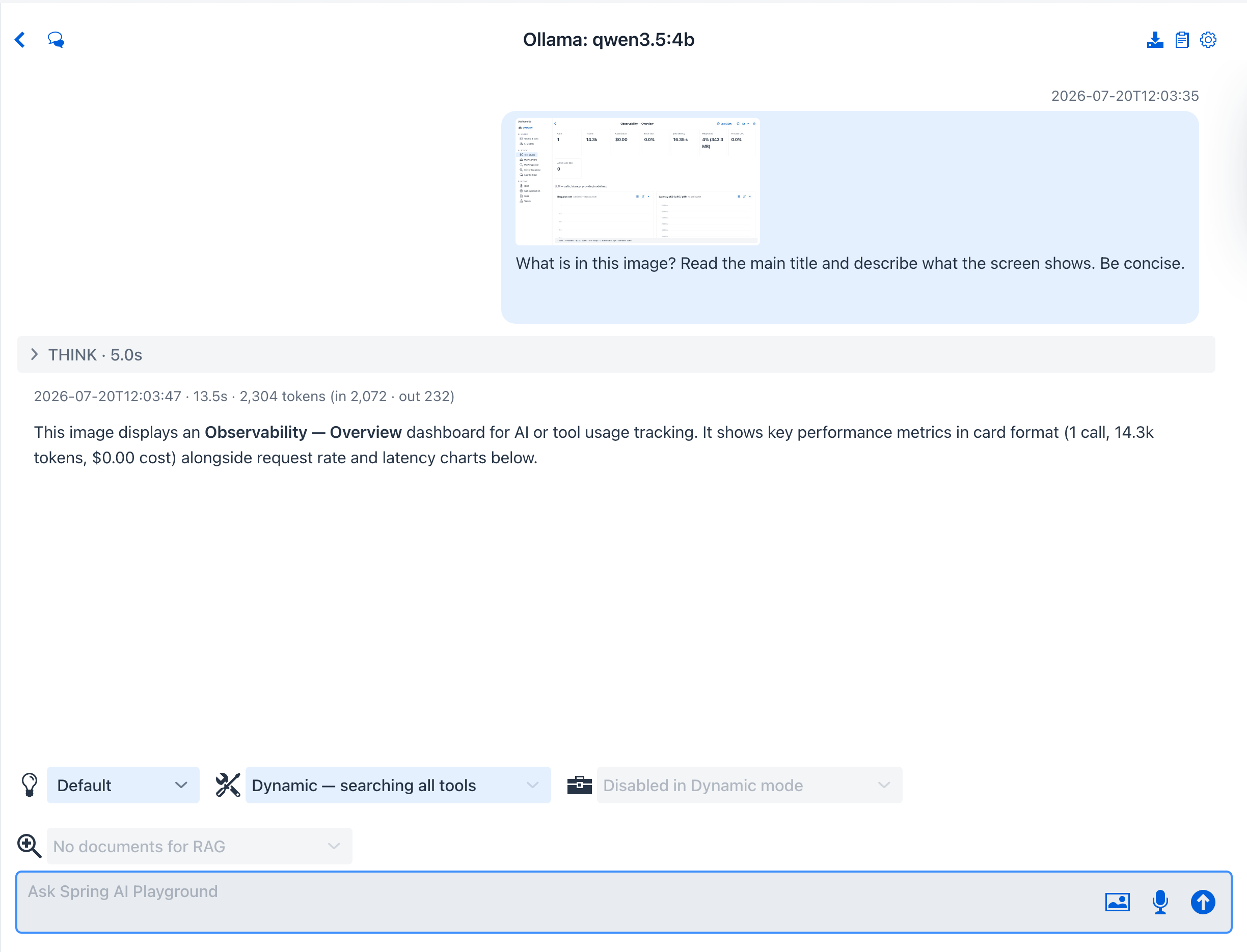 The user message with its image thumbnail and the model's answer reading the title and describing the map from the pixels