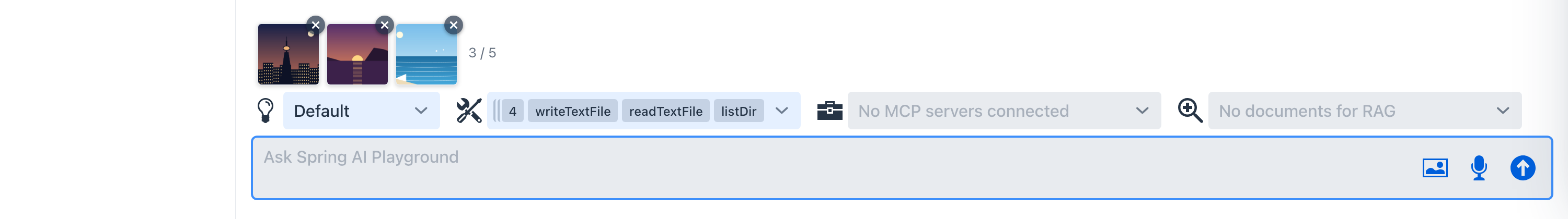 The chat input with three attached photo chips above the prompt field and the 3 / 5 counter