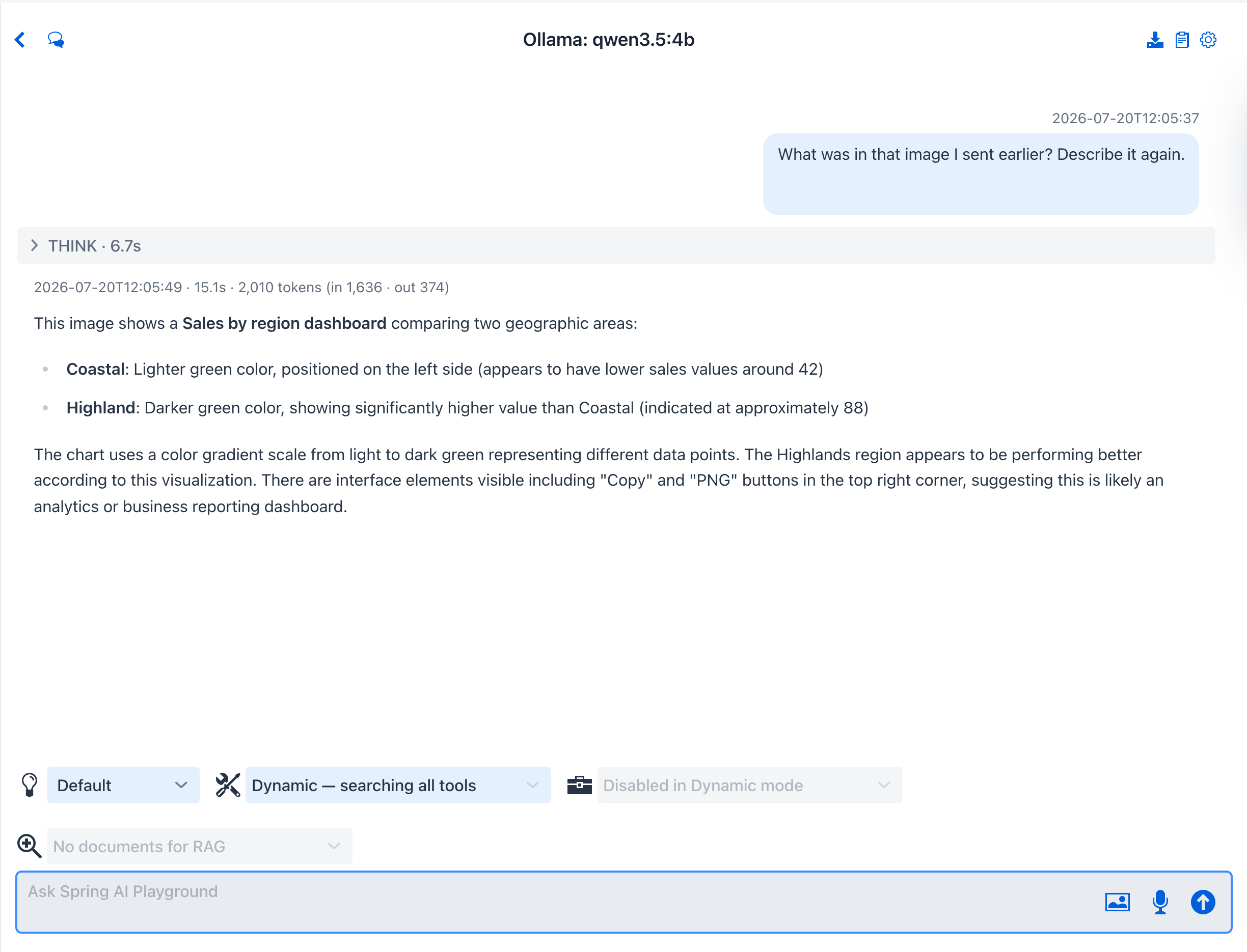 The model calling describeImage and answering about the earlier image