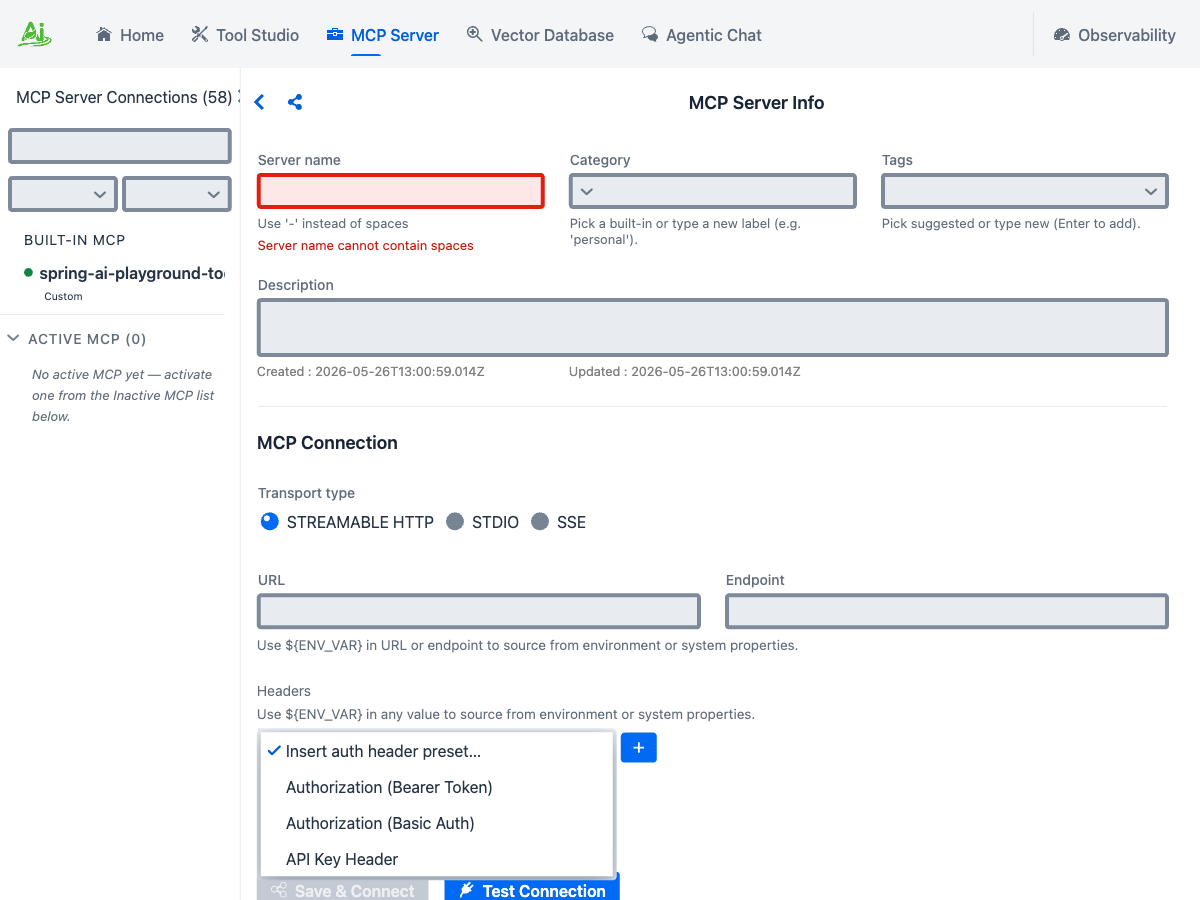 Auth header preset dropdown with the three built-in templates and the add-row button