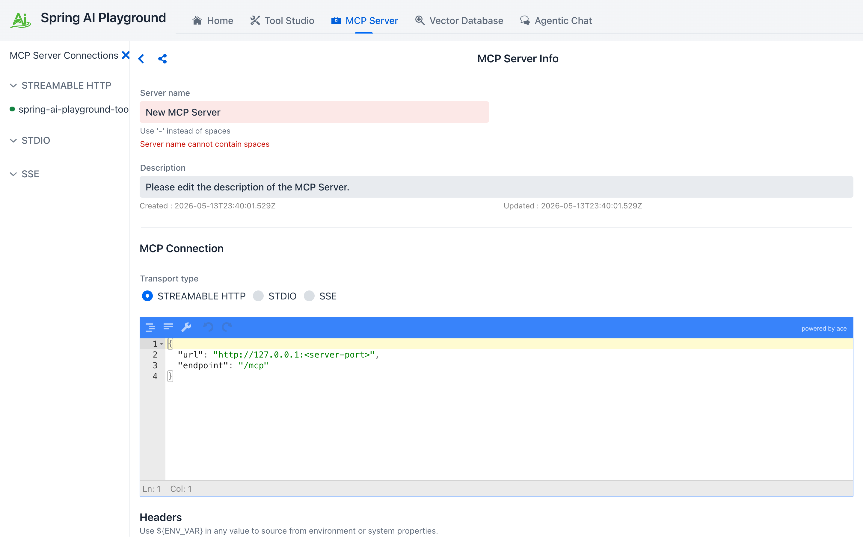 New MCP connection form with status sidebar, transport, JSON config, headers, and connect buttons