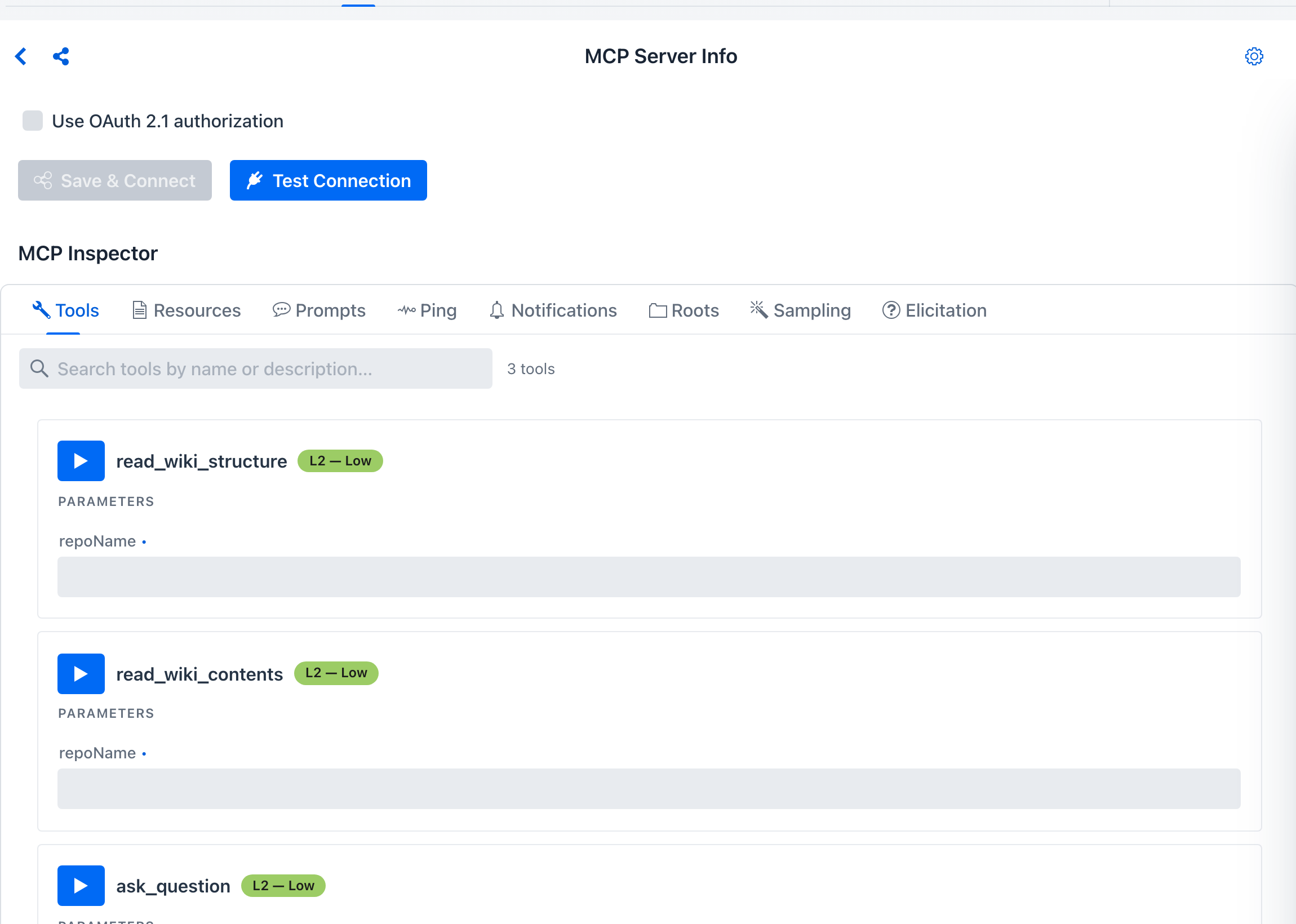 Tools tab with the new card layout - search, run, schema-typed inputs