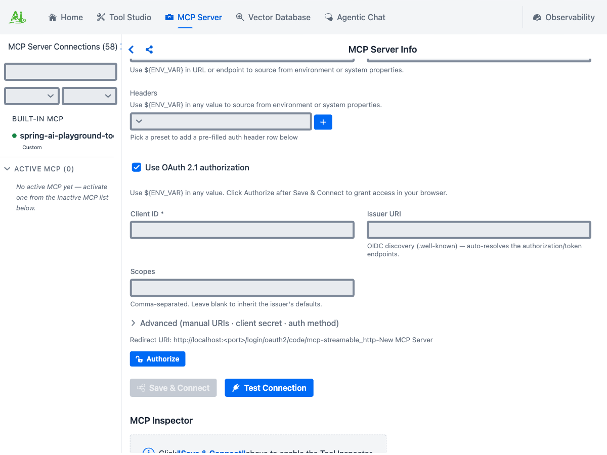 OAuth 2.1 sub-form with Client ID, Issuer URI, Scopes, Advanced, Redirect URI, and Authorize button