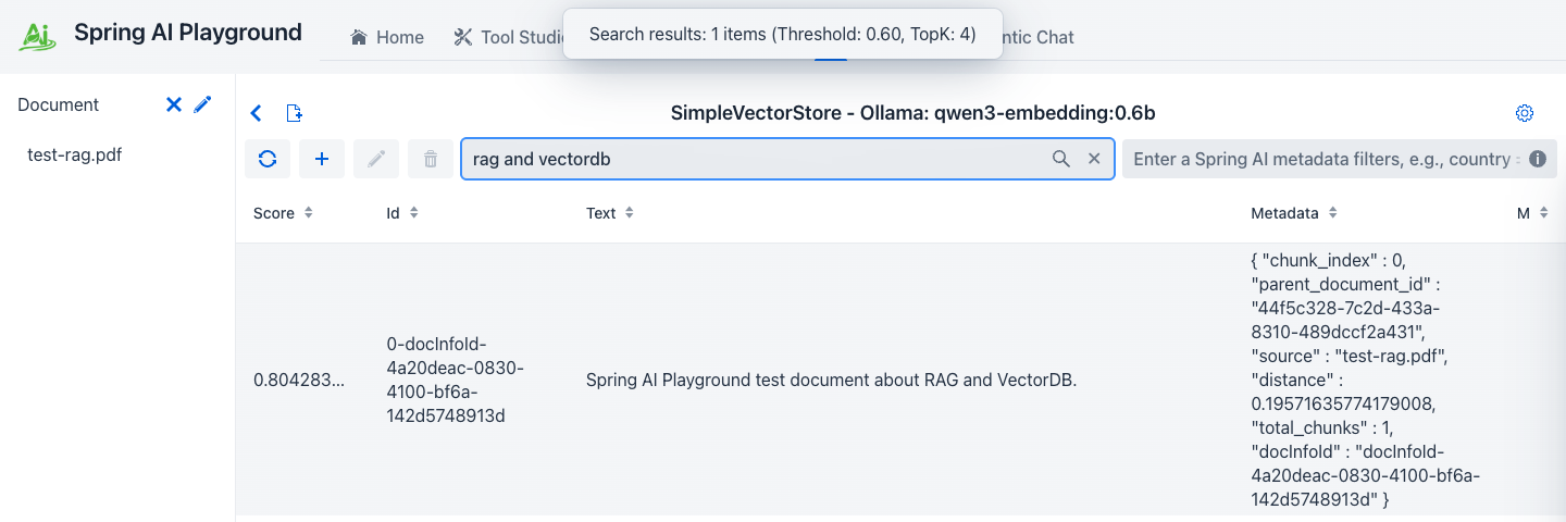 Similarity search results with score, retrieved text, and metadata