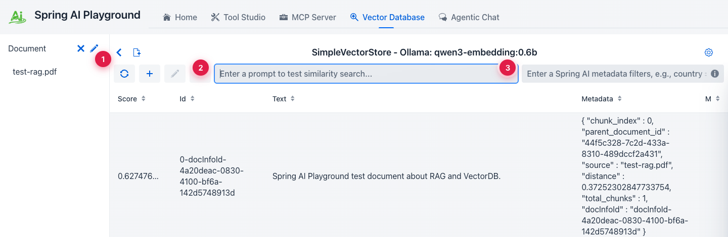 Vector Database with the search controls and document sidebar
