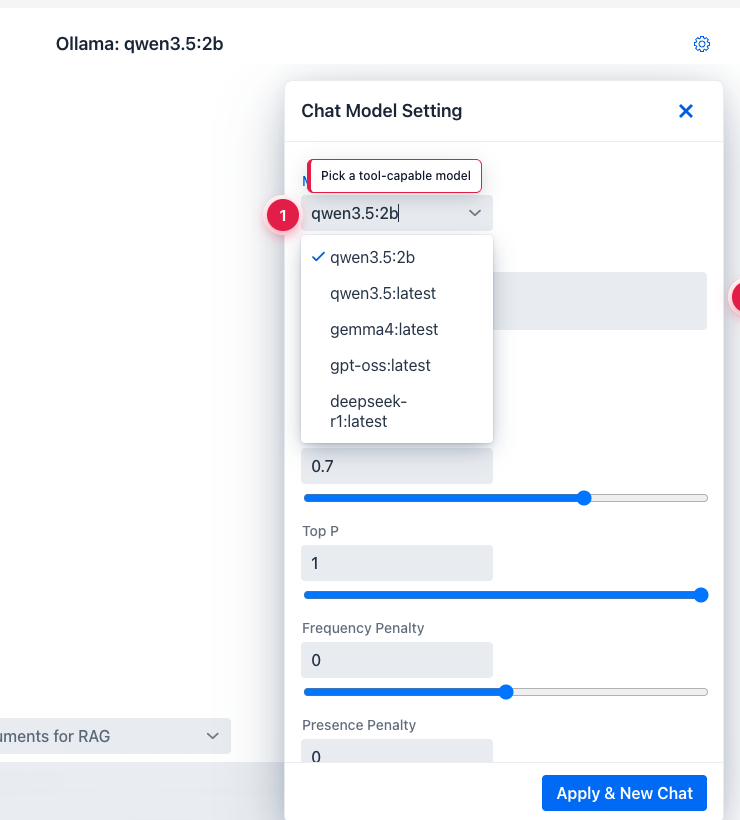 Agentic Chat Setting panel with the model dropdown open showing qwen3.5:9b and gemma4:e4b