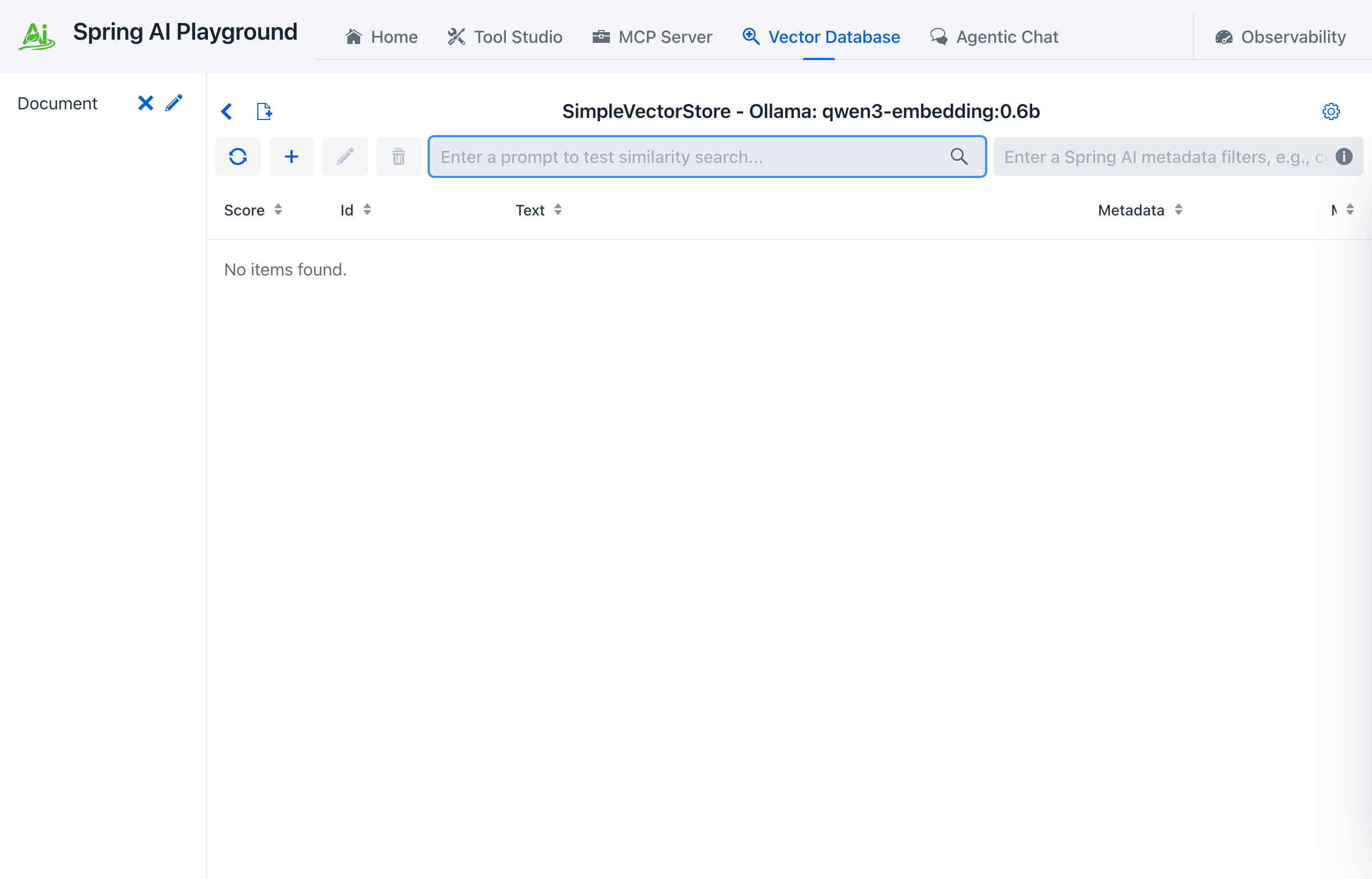 Vector Database - the SimpleVectorStore surface with the embedding model, a similarity-search bar, a Spring AI metadata filter, and the results grid (Score, Id, Text, Metadata)